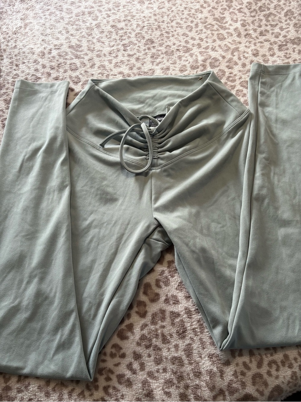 Pink High-Waist Drawstring Leggings in Sage Green